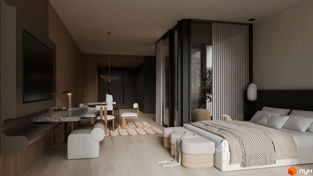 Інтер'єр апартаментів в апарт-комплексі Crystal Hills з обідньою зоною та ліжком. Світлий дизайн з дерев'яними елементами.