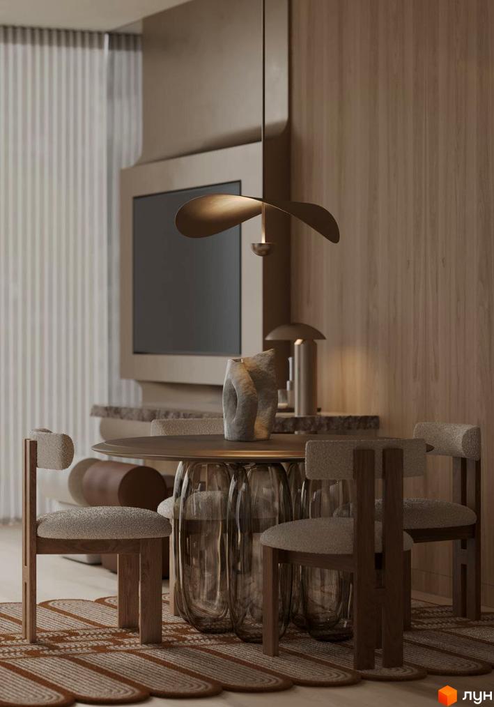 Інтер'єр кімнати з круглим столом та трьома стільцями. На задньому плані телевізор та дерев'яна стіна в Житловому комплексі Crystal Hills.