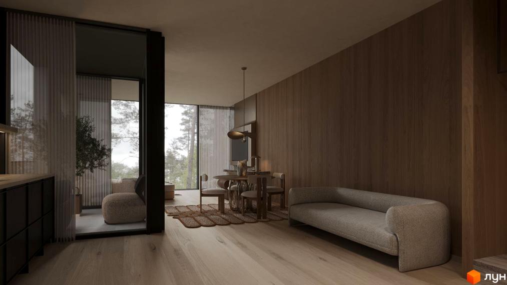 Інтер'єр апартаментів Crystal Hills з обідньою зоною та диваном. Вигляд з вікна на ліс.