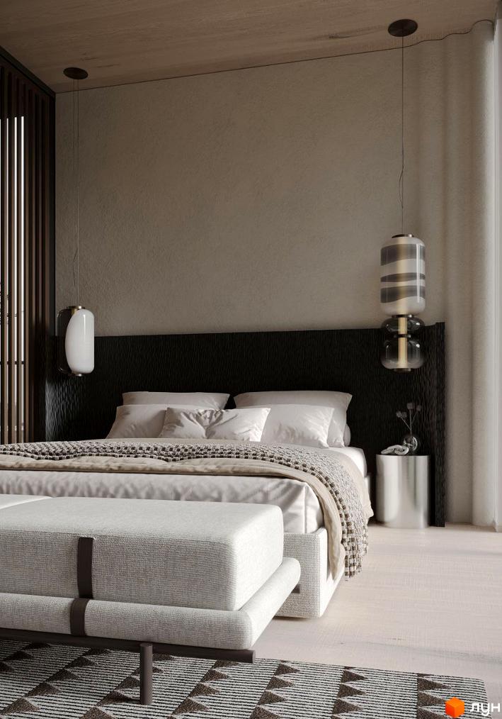 Інтер'єр спальні в Житловому комплексі Crystal Hills з великим ліжком, тумбочкою та освітленням. На підлозі килим з геометричним візерунком.