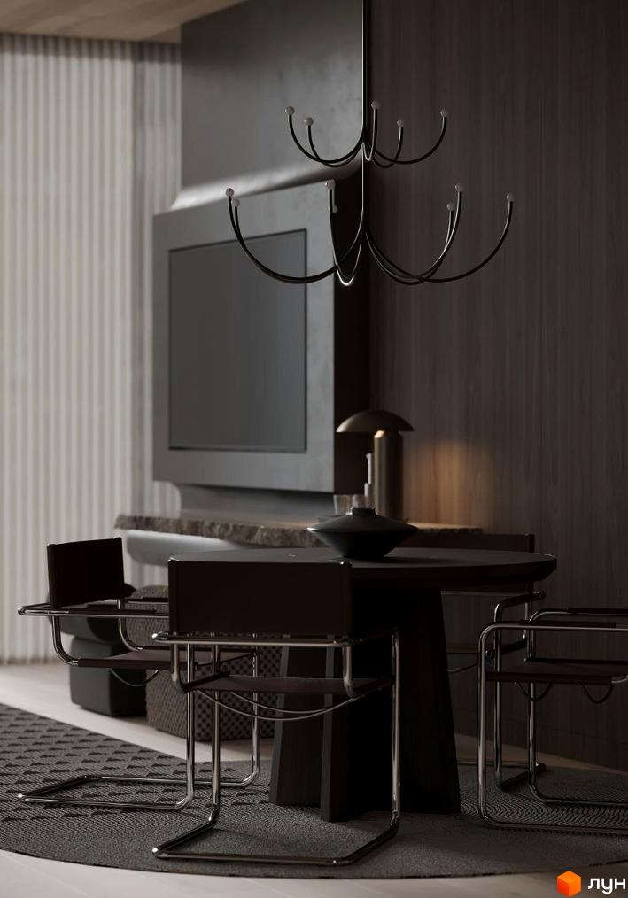 Інтер'єр кімнати з круглим столом та стільцями в Житловому комплексі Crystal Hills. На задньому плані телевізор та декоративна люстра.