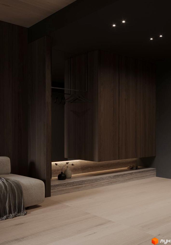 Інтер'єр з темними дерев'яними шафами, м'яким диваном та підсвіченою полицею. Дизайн кімнати з паркетною підлогою та точковим освітленням.