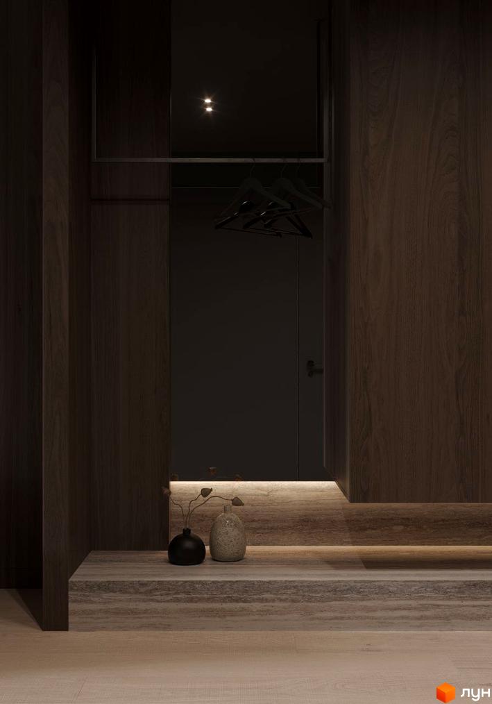 Інтер'єр в темних тонах з підсвічуванням. Вбудована шафа з вішаками та декоративні вази на полиці в апарт-комплексі Crystal Hills.