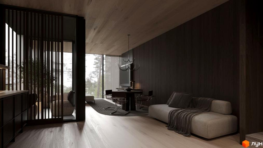 Інтер'єр апартаментів в Crystal Hills з великими вікнами та дерев'яним оздобленням. Вигляд на зону відпочинку та обідню зону.