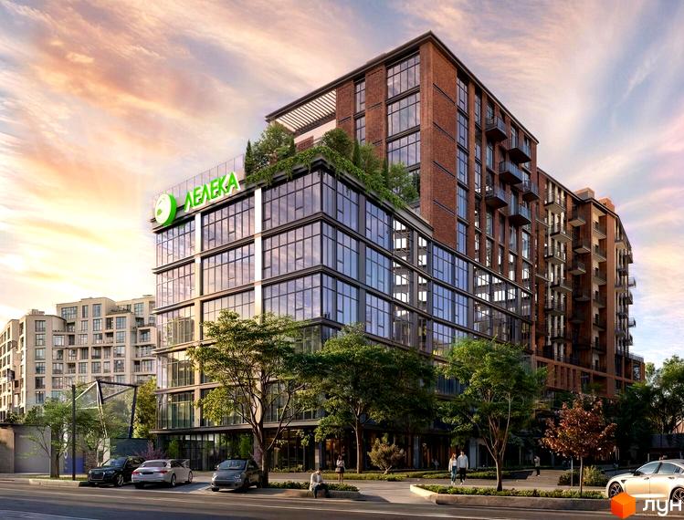 Зображення Житлового комплексу LELEKA by Odesa. На фото будинок з великими вікнами та озелененням на даху, поруч дерева та припарковані автомобілі.