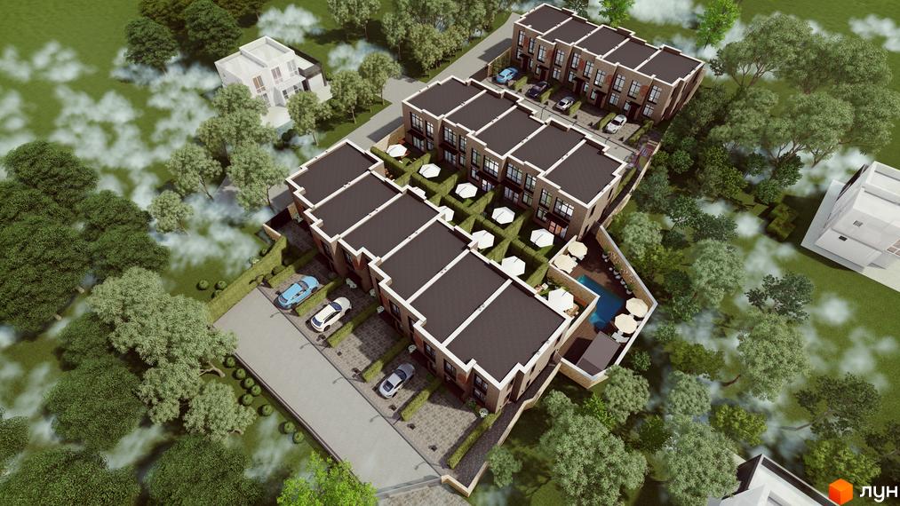 Зображення таунхаусів Garden City з виглядом зверху, видно прибудинкову територію з басейном, парковкою та зеленими насадженнями.