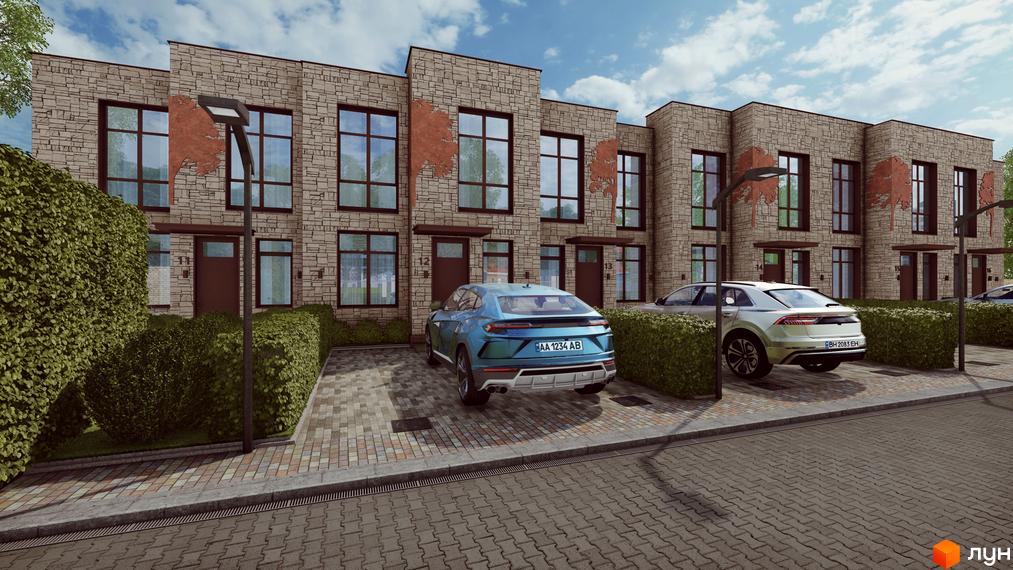 Зовнішній вигляд таунхаусів Garden City з припаркованими автомобілями та зеленими насадженнями на прибудинковій території.