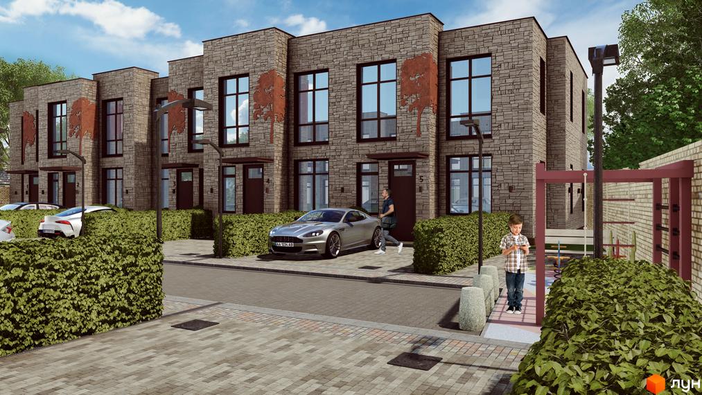 Зображення таунхаусів Garden City з фасадом з цегли та великими вікнами. На території є зелені насадження та припарковані автомобілі.