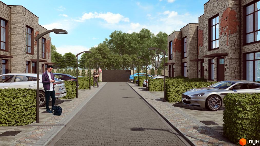 Зображення таунхаусів Garden City з припаркованими автомобілями та пішохідною зоною. На задньому плані зелені насадження.
