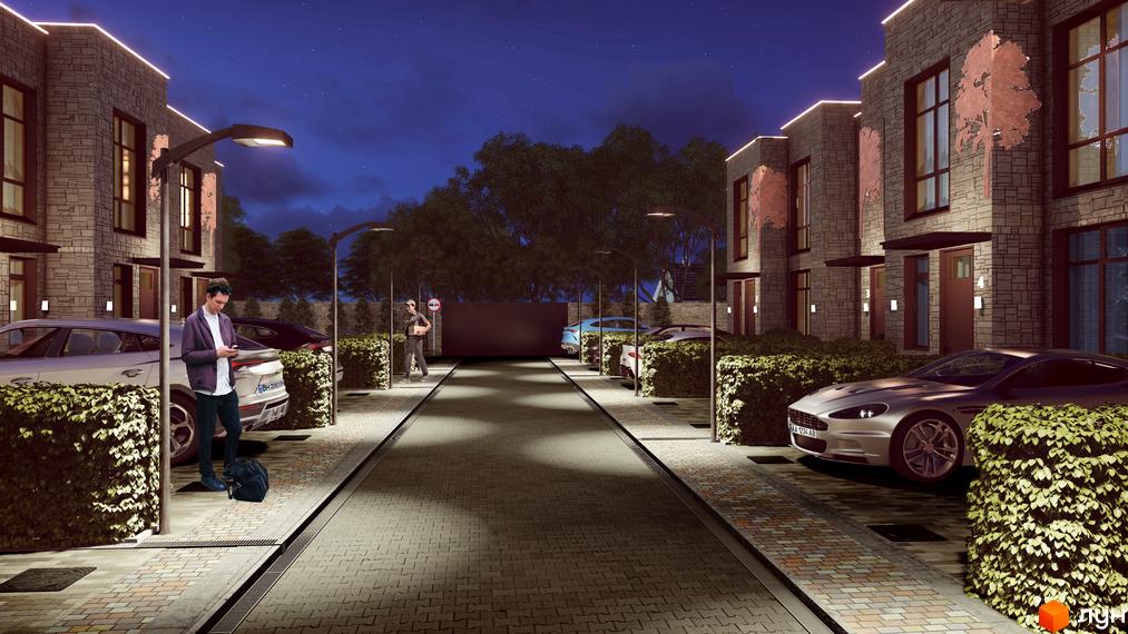 Зображення таунхаусів Garden City з прибудинковою територією. На передньому плані автомобілі та пішоходи.