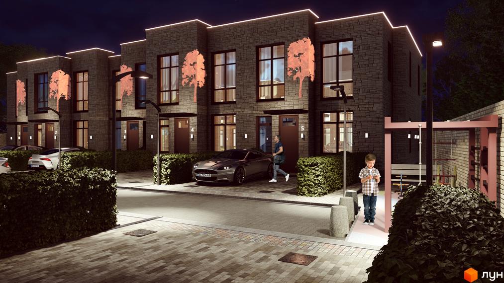 Зображення таунхаусів Garden City з фасадом з цегли та великими вікнами. На території є доглянуті зелені насадження та пішохідна зона.