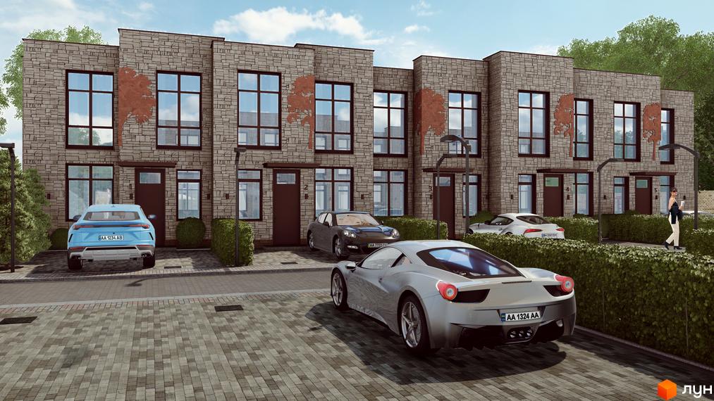 Зображення таунхаусів Garden City з автомобілями на прибудинковій території. Фасад будинку оздоблений декоративною цеглою.
