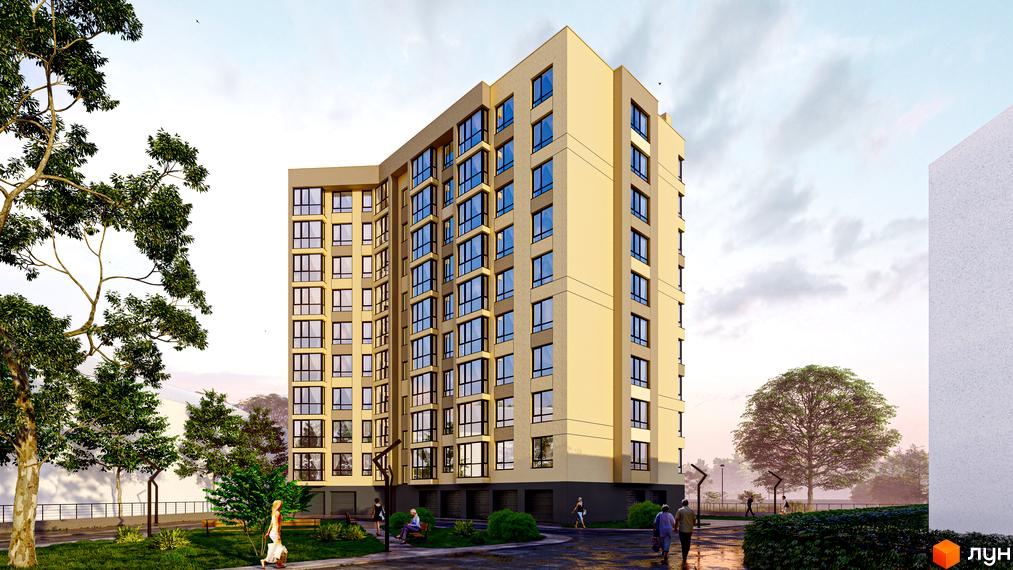 Зображення фасаду багатоповерхового будинку в Житловому районі Імперія II. На передньому плані видно зелені насадження та пішохідну зону.