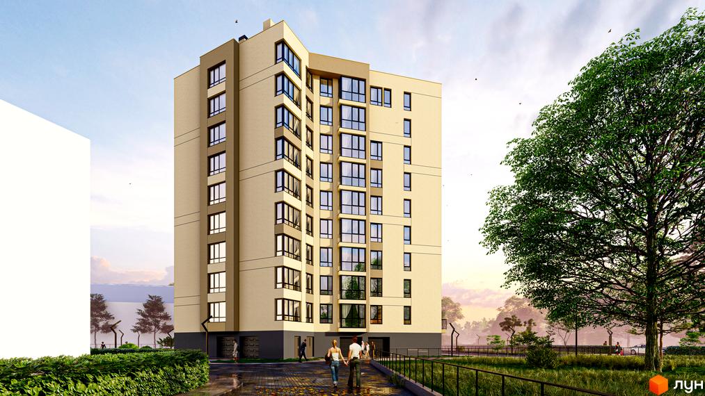 Зображення фасаду багатоповерхового будинку в Житловому районі Імперія II. Навколо будинку зелені насадження та пішохідна зона.