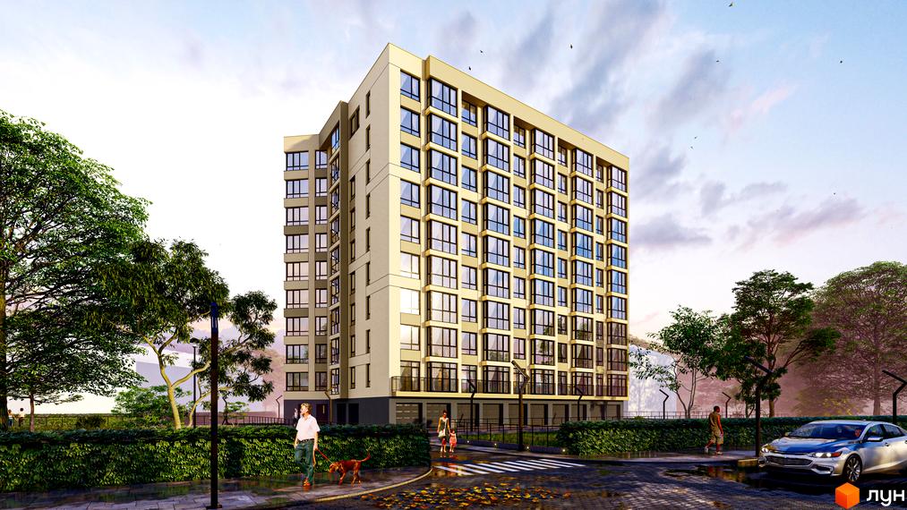 Зображення фасаду та прибудинкової території Будівельного проєкту Імперія II. Багатоповерховий будинок з великими вікнами та зеленою зоною.