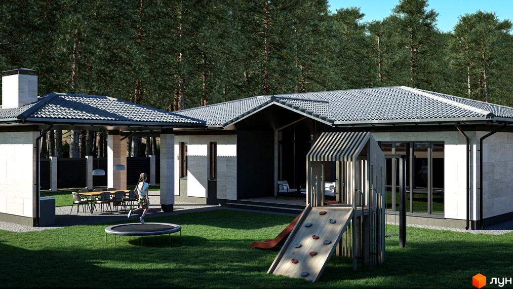 Зображення будинку в Котеджному містечку Lubo Village з дитячим майданчиком та зеленою галявиною. На задньому плані ліс.