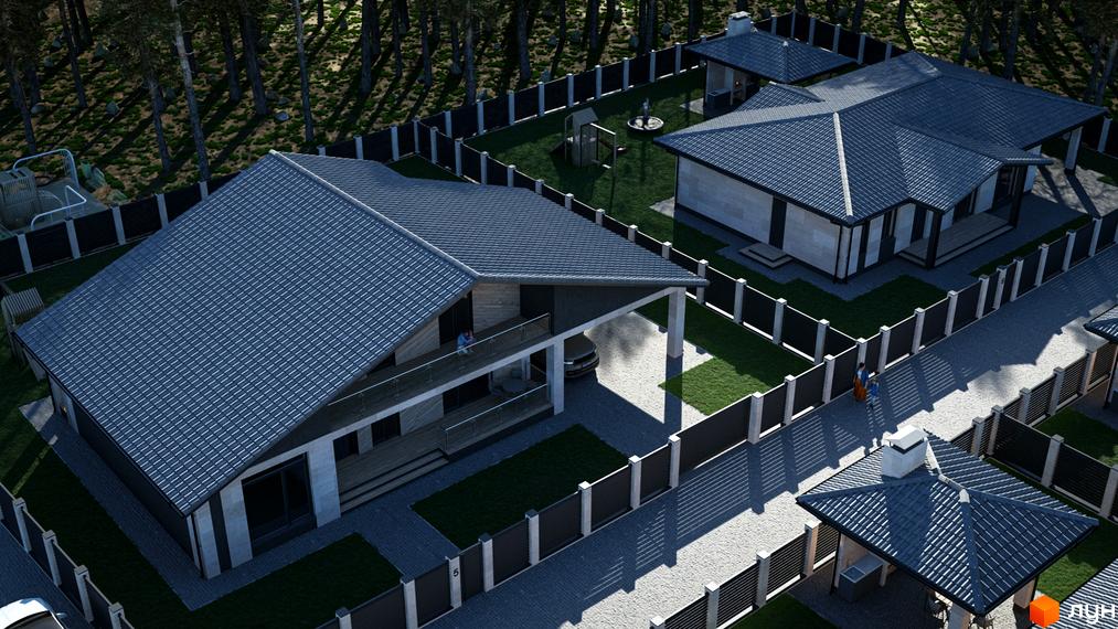 Вигляд Котеджного містечка Lubo Village з будинками з сірими дахами та чорними парканами. На території є зелені газони та дерева.