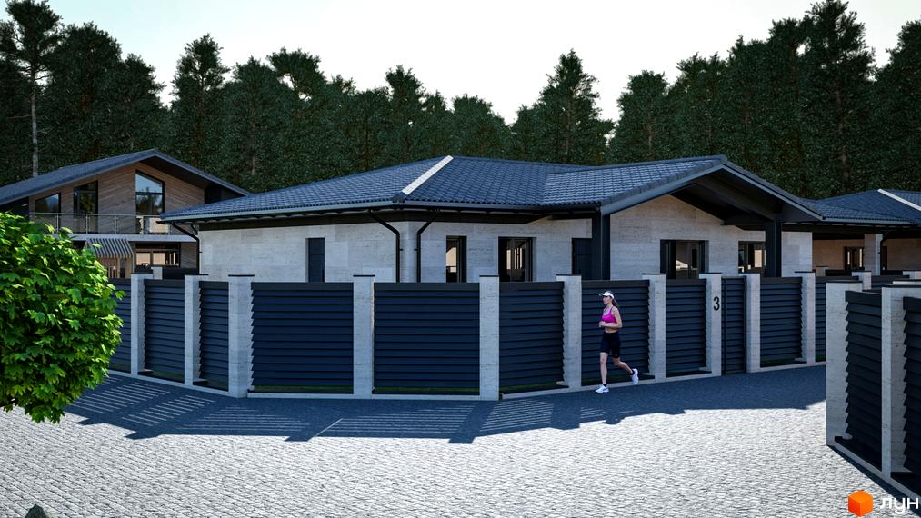 Зображення будинку в Котеджному містечку Lubo Village з сірою покрівлею та чорною огорожею. Навколо будинку ростуть дерева.