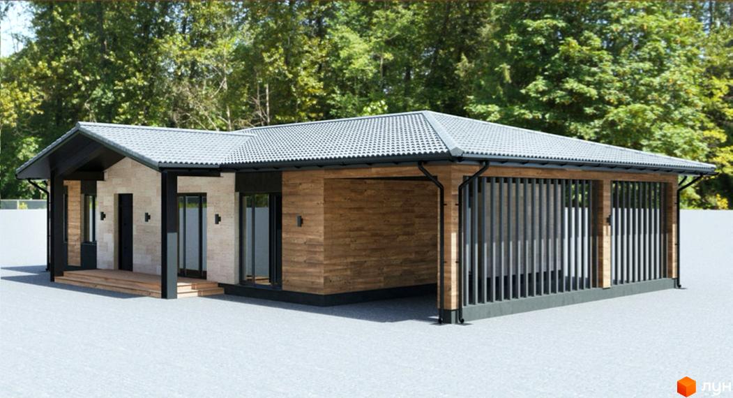 Зображення Котеджного містечка Lubo Village: одноповерховий будинок з сірим дахом та дерев'яним оздобленням. Навколо зелені дерева.