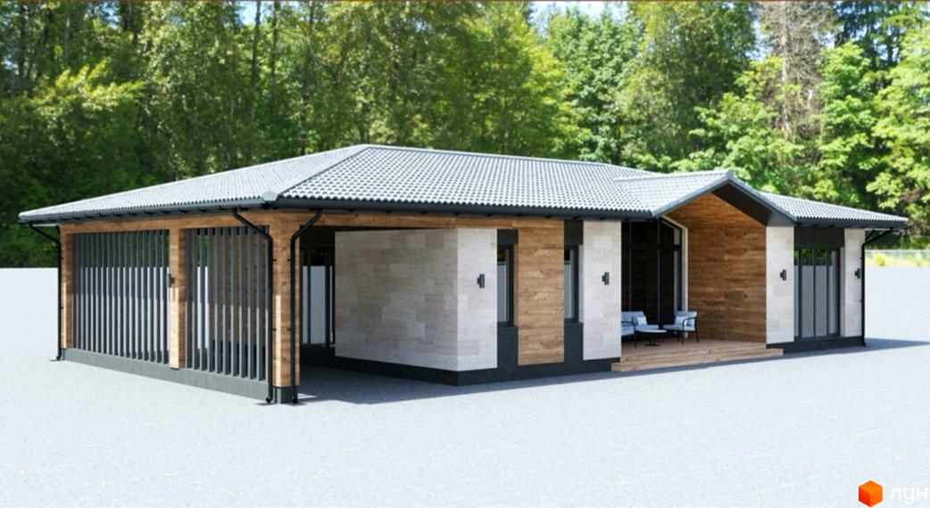 Зображення будинку в Котеджному містечку Lubo Village з сірим дахом та дерев'яним оздобленням. Навколо зелені дерева.