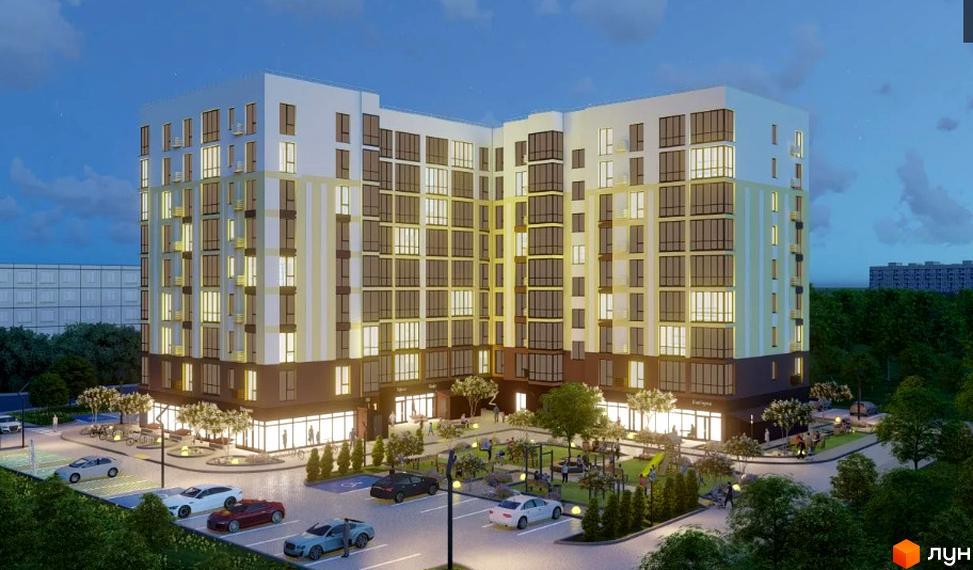 Зображення фасаду Житлового комплексу Двори Ярослава та прибудинкової території з парковкою, дитячим майданчиком.