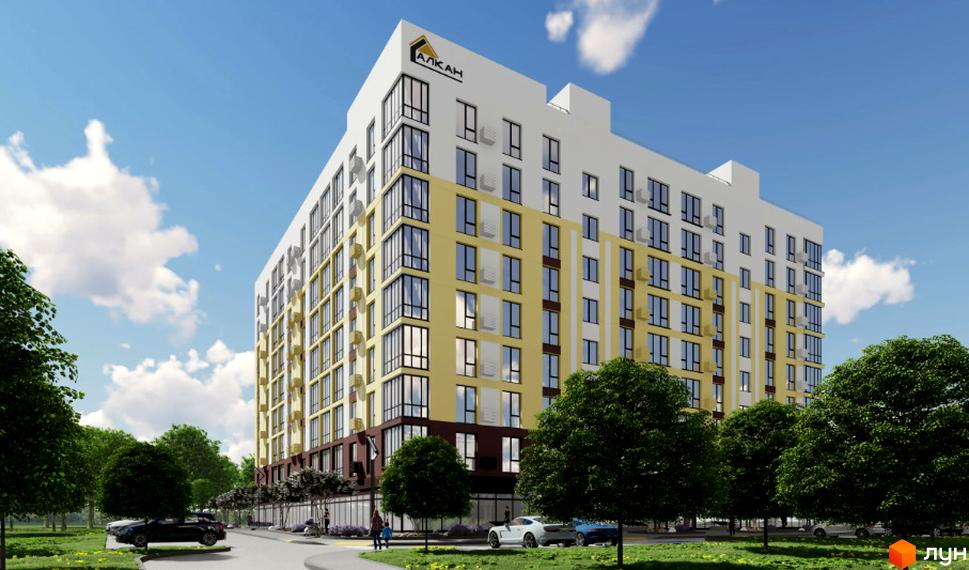 Зображення фасаду багатоповерхового будинку в Житловому комплексі Двори Ярослава з великими вікнами та прилеглою зеленою територією.