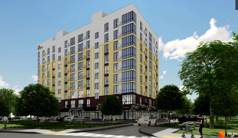 Зображення фасаду Новобудови Двори Ярослава та прибудинкової території з деревами, газонами та припаркованими автомобілями.