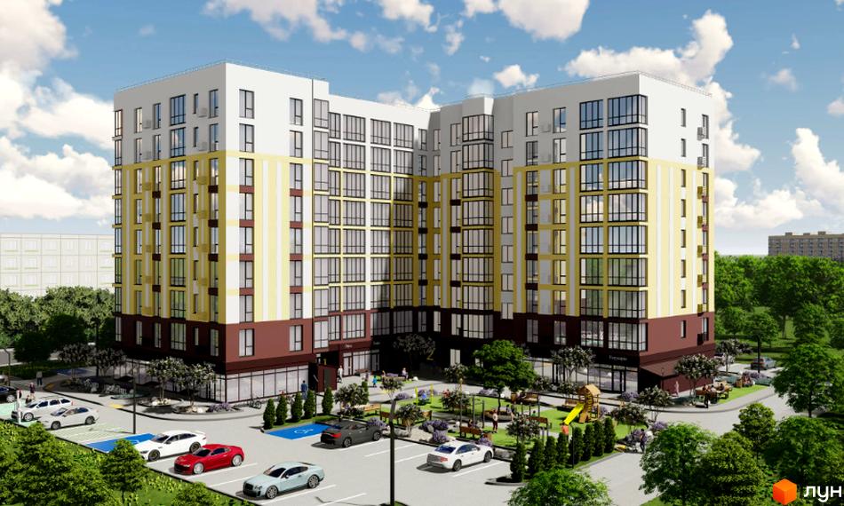 Зображення фасаду та прибудинкової території Житлового комплексу Двори Ярослава. На території є парковка, дитячий майданчик та місця для відпочинку.