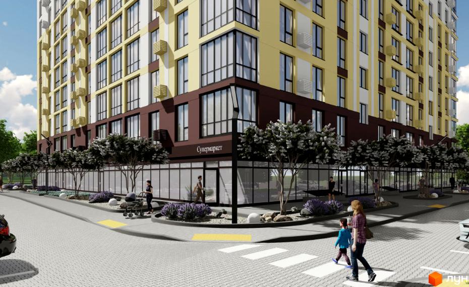 Зображення Житлового комплексу Двори Ярослава: багатоповерховий будинок з магазином на першому поверсі та пішохідною зоною.