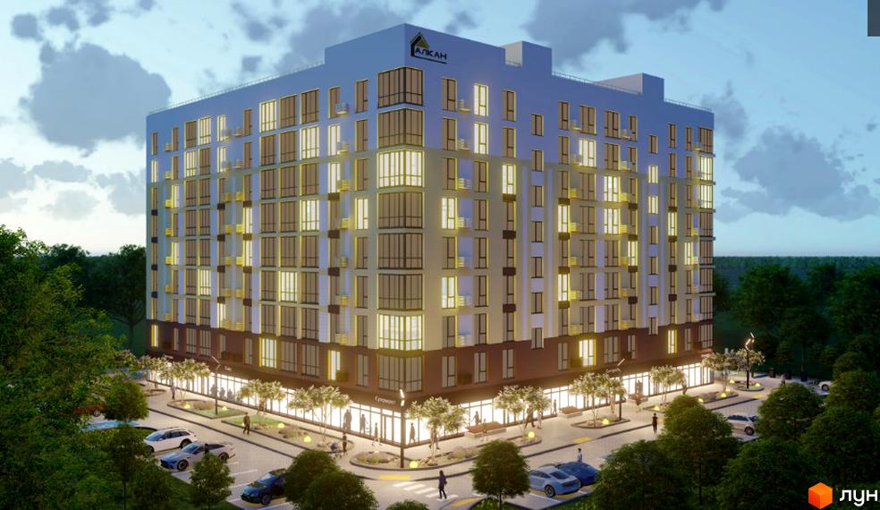 Зображення Житлового комплексу Двори Ярослава. Багатоповерховий будинок з великими вікнами та освітленою прибудинковою територією.