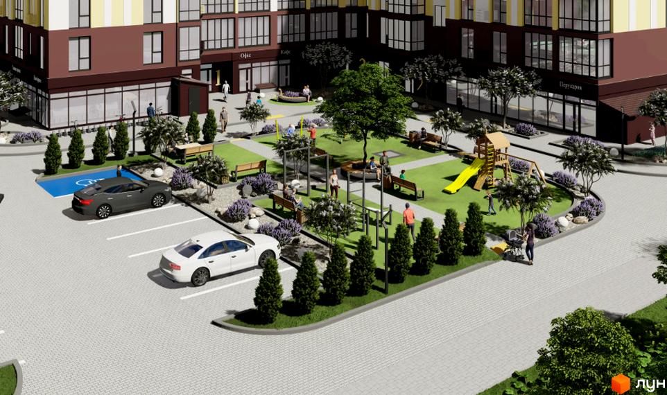 Житловий район Двори Ярослава з благоустроєм: дитячий майданчик, зони відпочинку та парковка для автомобілів.