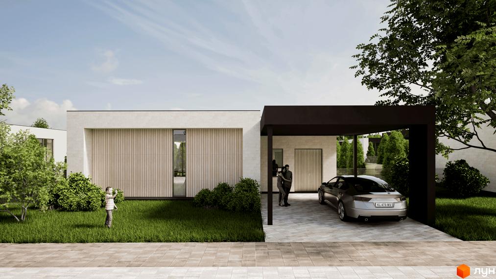 Зображення будинку в Котеджному містечку Happy Residence з авто під навісом. На передньому плані зелений газон та тротуарна плитка.
