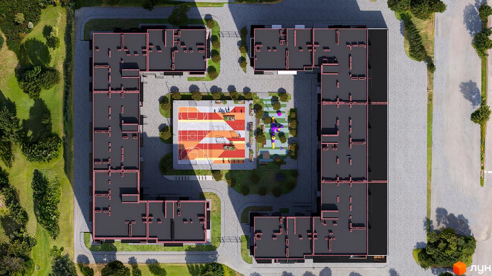 Вигляд зверху на Житловий комплекс Стандарт з дитячим та спортивним майданчиками у дворі. Навколо новобудови зелена зона з деревами.