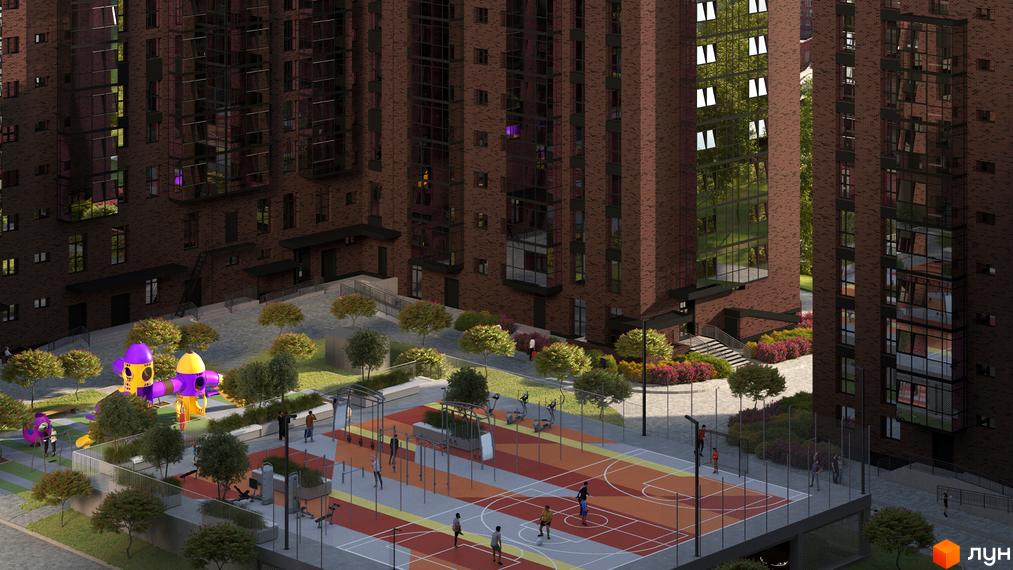 Зображення житлового комплексу Стандарт з червоної цегли з дитячим та спортивним майданчиками.