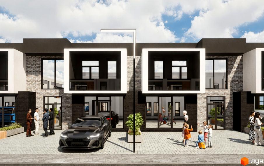 Зображення таунхаусів Hollywood з великими вікнами та світлим фасадом. На подвір'ї гуляють діти, стоїть чорний автомобіль.