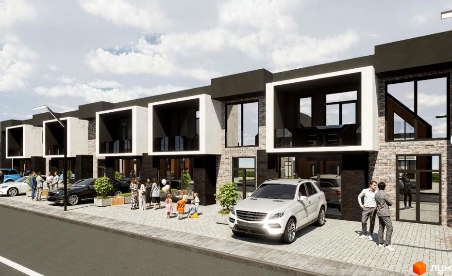 Зображення таунхаусів Hollywood з великими вікнами та прибудинковою територією. На подвір'ї припарковані автомобілі, гуляють люди.