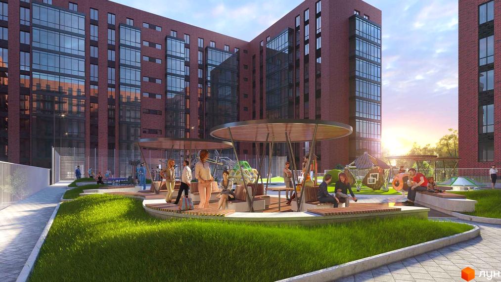 Зображення фасаду та прибудинкової території Житлового комплексу Стандарт. На території є місця для відпочинку та дитячий майданчик.