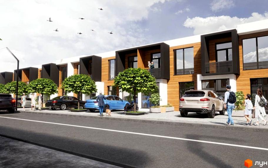 Зображення таунхаусів Hollywood з дерев'яним фасадом та чорними вставками. Перед будинками припарковані авто та ростуть дерева.