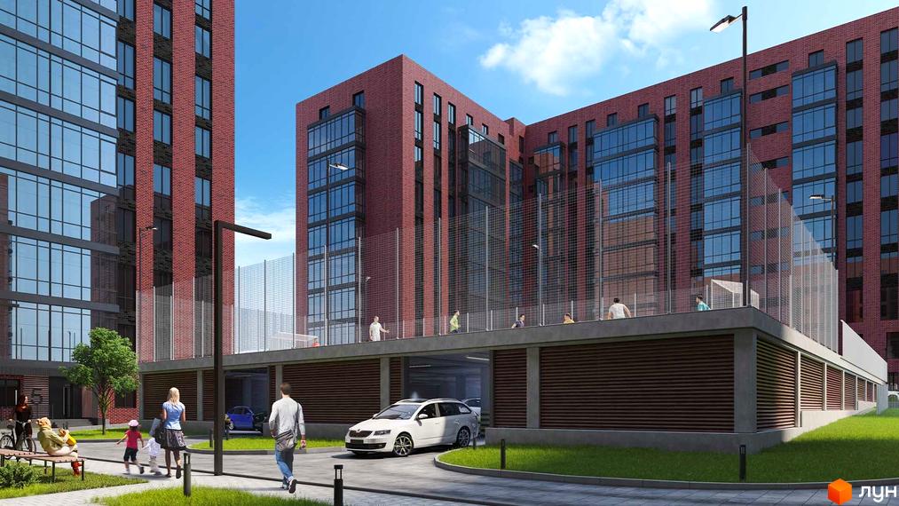 Зображення фасаду та прибудинкової території Будівельного проєкту Стандарт. На передньому плані пішохідна зона з людьми.