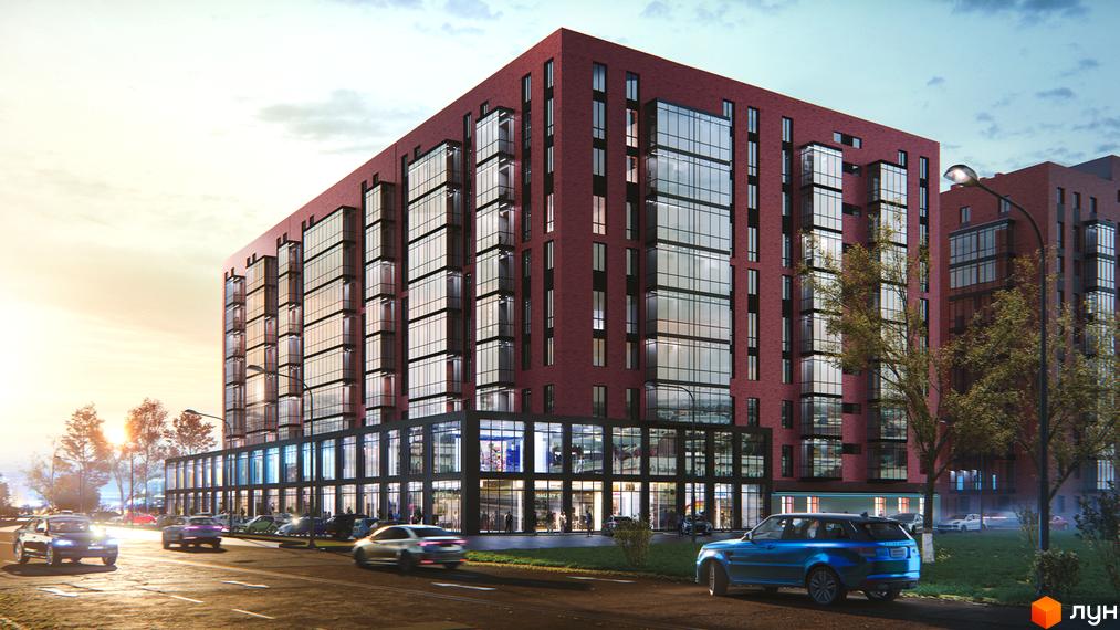 Зображення фасаду Житлового комплексу Standard з великими вікнами та червоною цеглою. На передньому плані дорога з автомобілями.