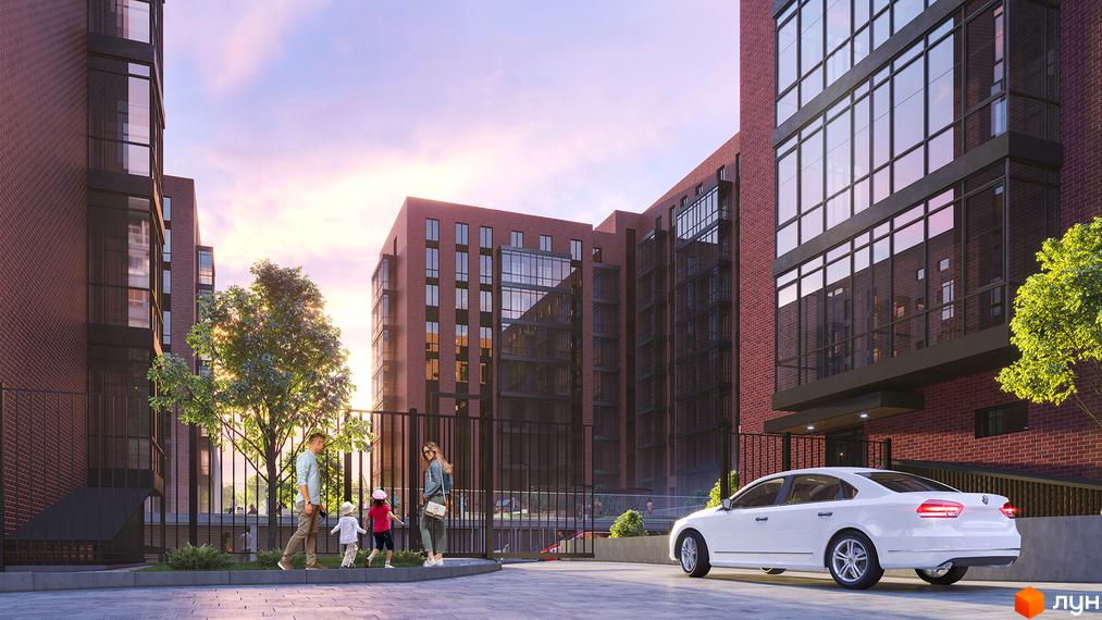 Зображення фасаду та прибудинкової території Будівельного проєкту Стандарт. На передньому плані сім'я з дітьми.