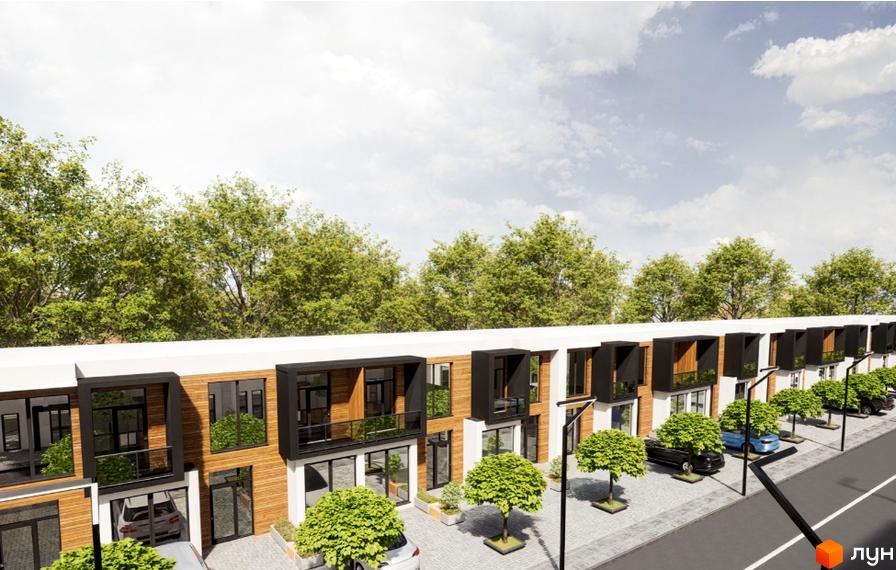 Зображення таунхаусів Hollywood. Двоповерхові будинки з дерев'яним оздобленням та чорними балконами, перед будинками висаджені дерева.