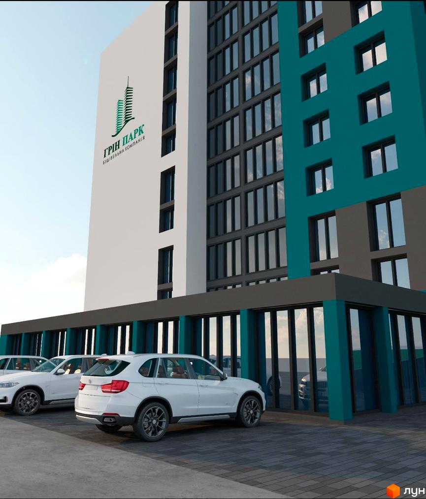 Зображення фасаду будинку Житлового комплексу Преміум Дім з парковкою та автомобілями. Вигляд новобудови ззовні.