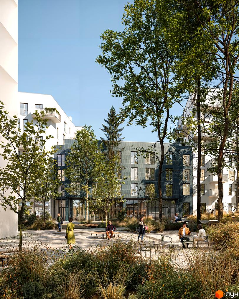 Зображення фасаду ЖК Novatsia та прибудинкової території з ландшафтним дизайном. Люди відпочивають на вулиці біля комплексу.