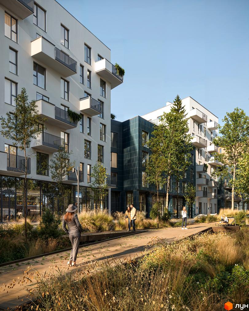 Зображення фасаду Житлового комплексу Novatsia з прибудинковою територією. Пішохідна алея з лавками та декоративними насадженнями.