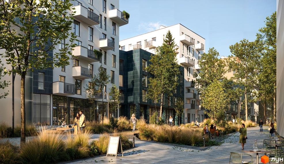 Зображення фасаду Житлового комплексу Novatsia та прибудинкової території з ландшафтним дизайном. Навколо новобудови ростуть дерева та кущі.