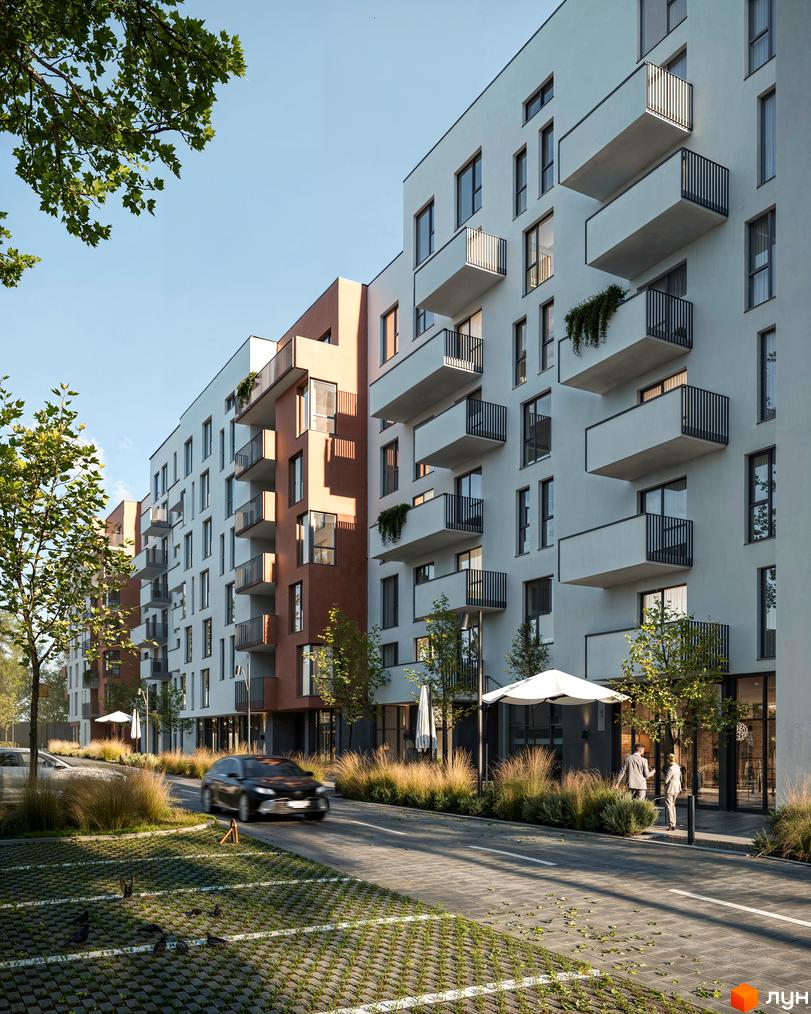 Зображення фасаду та прибудинкової території Житлового комплексу Novatsia. На передньому плані дорога та зелена зона.