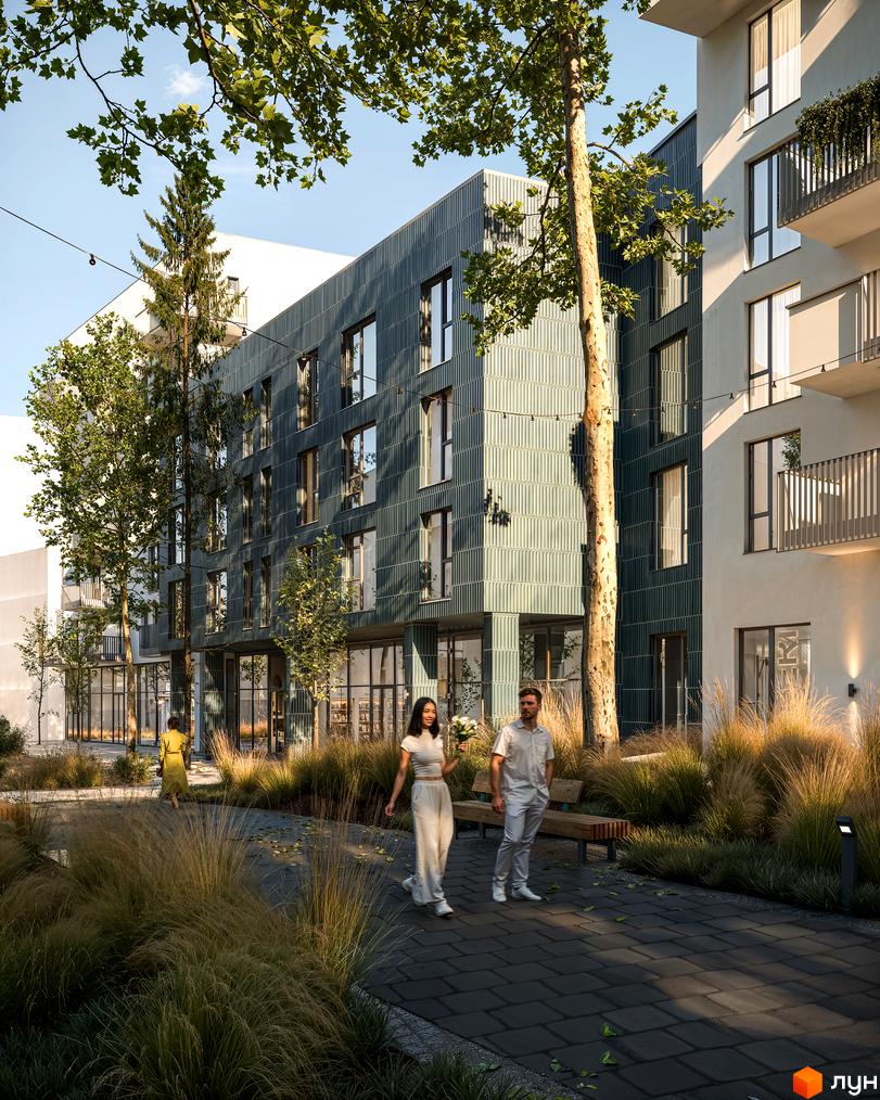 Зовнішній вигляд Житлового комплексу Novatsia: багатоповерховий будинок з великими вікнами та озелененою прибудинковою територією.