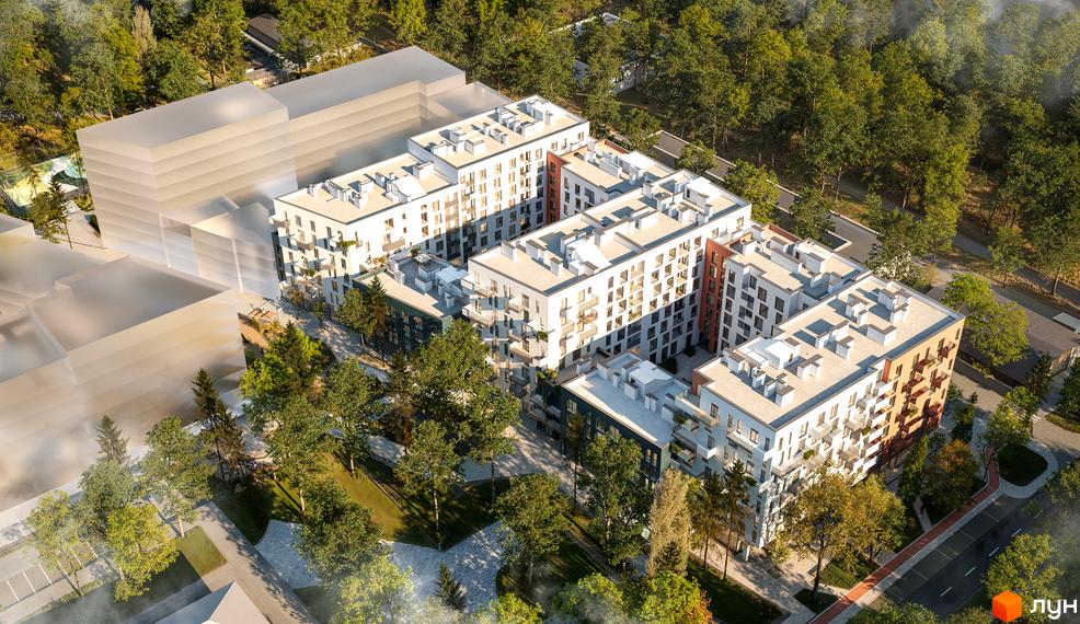 Зображення Житлового комплексу Novatsia з висоти пташиного польоту. На фото будівлі та зелена територія навколо.