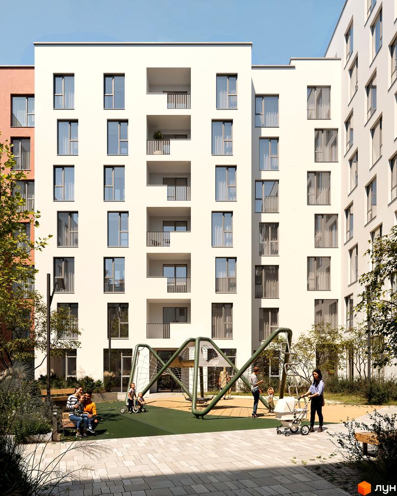 Зовнішній вигляд багатоквартирного будинку в Житловому комплексі Novatsia з дитячим майданчиком та відпочивальниками на прибудинковій території.